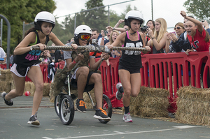 Sierra Zwerling, Pete Quintana and Michelle Diez race for team Delta Gamma, which came in second in the Red Bull Chariot Race. The race was part of Sigma Chi’s week-long philanthropy event called Derby Days, which raises money for the Children’s Miracle Network.