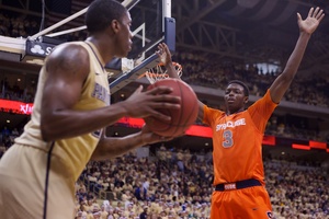 Syracuse forward Jerami Grant contests an inbounds pass as the Orange  pressure the Panthers to force a late game turnover at the Petersen Events Center. The forward played all 40 minutes of Saturday's game.