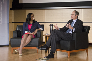 (From left) Farron Stark and Brian Roberts, a broadcast and digital journalism graduate student and Comcast Corp. CEO, respectively, discuss the changes in the communications industry. Roberts specifically focused on the changes at Comcast and NBCUniversal