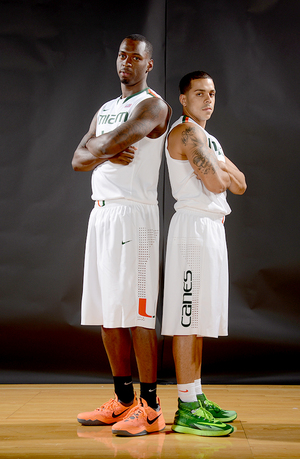 Sheldon McClellan (left) and Angel Rodriguez have starred for Miami in their first season together. Before transferring, they were rivals in the Big 12.  