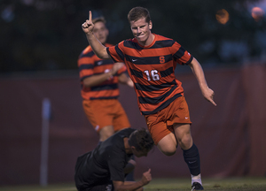 Andreas Jenssen celebrates his goal in Syracuse's 1-0 win over Buffalo in an exhibition game. The Orange used 21 players in the win. 