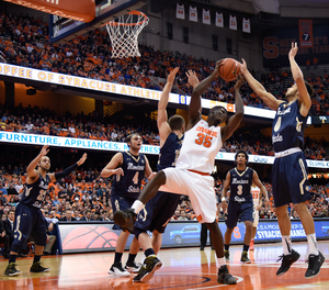 Chinonso Obokoh holds the ball in the paint against Montana State on Tuesday night. Syracuse beat the Bobcats 82-60 to improve to 9-3 on the season.