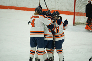 Syracuse, pictured celebrating in a win over RIT, held off Lindenwood late to win on Saturday.