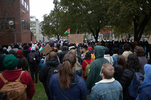 Protesters marched from the Maxwell School to Crouse Hinds Hall and the National Veterans Resource Center, calling for end to violence and divestment from Israel.