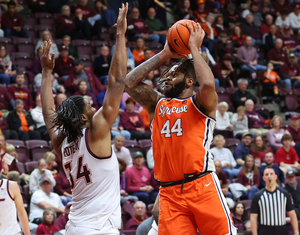 Despite Jaquan Carlos’s buzzer-beater to force overtime and Eddie Lampkin Jr.'s (pictured, No. 44) double-double, Syracuse couldn’t escape its late-game collapse as it fell 101-95 to Virginia Tech.