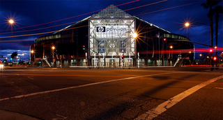 A general view of the outside of the HP Pavilion at night.