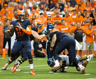 Syracuse quarterback Terrel Hunt looks downfield from the pocket.