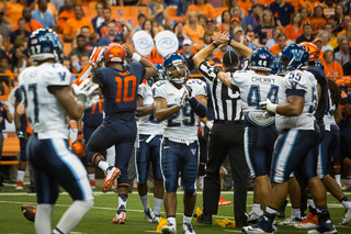 Hunt reacts as penalty flags fly and the Villanova defense applauds his actions. Hunt was ejected shortly after for throwing a punch at a Wildcat defender who tackled him.