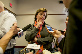 Syracuse mayor Stephanie Miner addresses the media Tuesday night in the OnCenter at Election Night Democratic Headquarters.