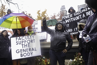 Nikeeta Slade,  third year graduate student in Pan African Studies makes a speech during the rally on Monday afternoon.