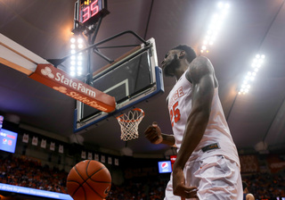 Christmas watches a ball go out of bounds. He finished with 10 points and four rebounds in his final home game. 