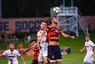 Sophomore Johannes Pieles goes up for a header. 