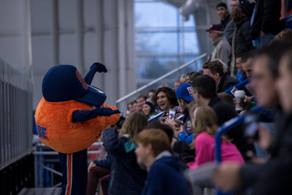 Otto the Orange jokes with fans.