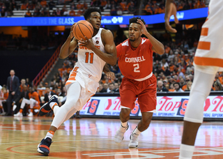 Syracuse forward Oshae Brissett drives to the hoop. Brissett finished with 11 points and 10 rebounds.