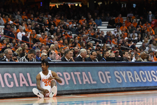 Syracuse guard Geno Thorpe waits to the enter the game. Geno Thorpe shot 4-of-13 from the field, finishing with 12 points. Thorpe made all four free throws.
