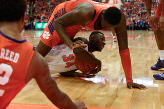 Sidibe dives on the floor for a loose ball. He had three blocks and four rebounds.